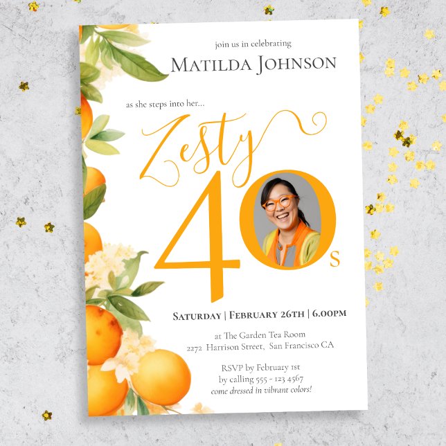 Zety Orange Photo 40 Birthday Party Inbjudningar (Mockup View)