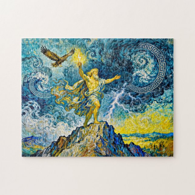 Zeus on Stormy Rocks with Lightning Bolt and Eagle Pussel (Horisontell)