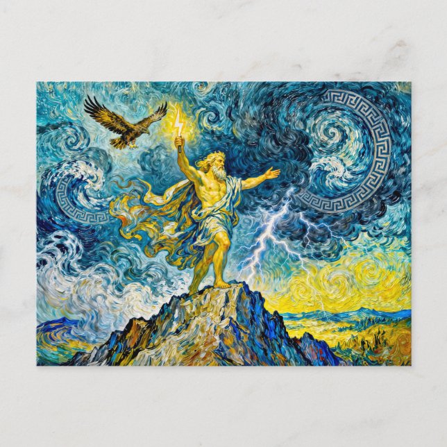 Zeus på stormiga klippor med blixt och örn vykort (Framsida)