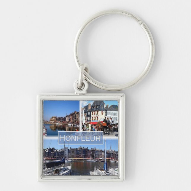 zFR028 HONFLEUR-hamnen, Normandie Fyrkantig Silverfärgad Nyckelring (Framsidan)