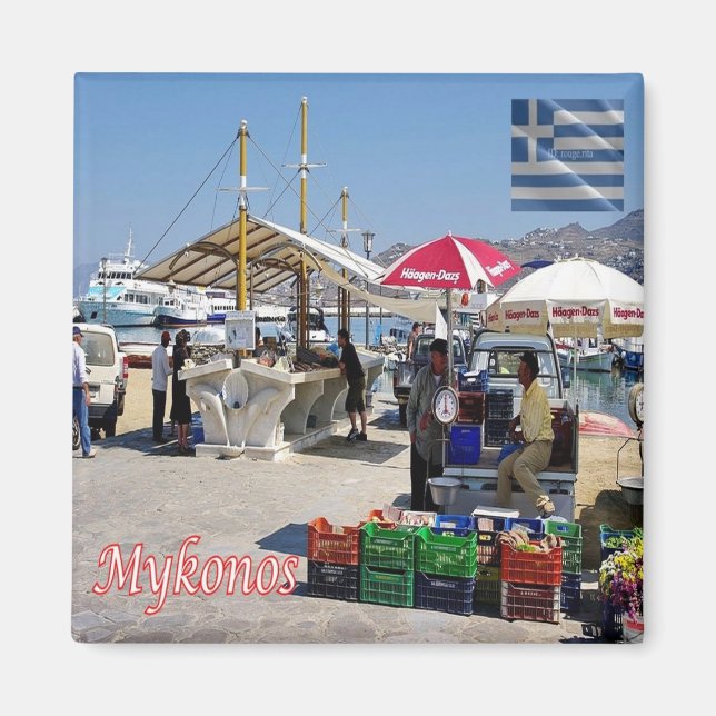 zGR102 MYKONOS, Hamnmarknaden, Grekland, Fridge Magnet (Framsidan)