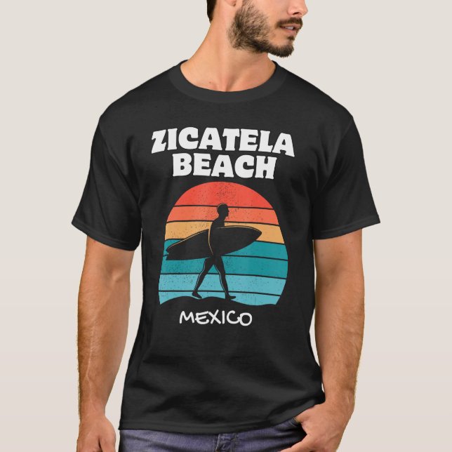 ZICATELA BEACH MEXICO Surfa Retro Sunset Surfing T Shirt (Framsida)