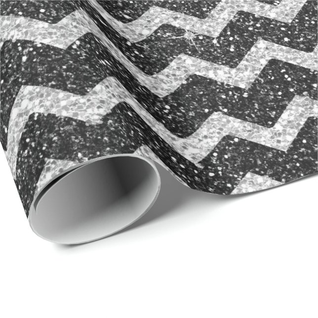 Zig Zag Chevron Art Deco Grått Silver Glitter Presentpapper (Rullad Hörn)