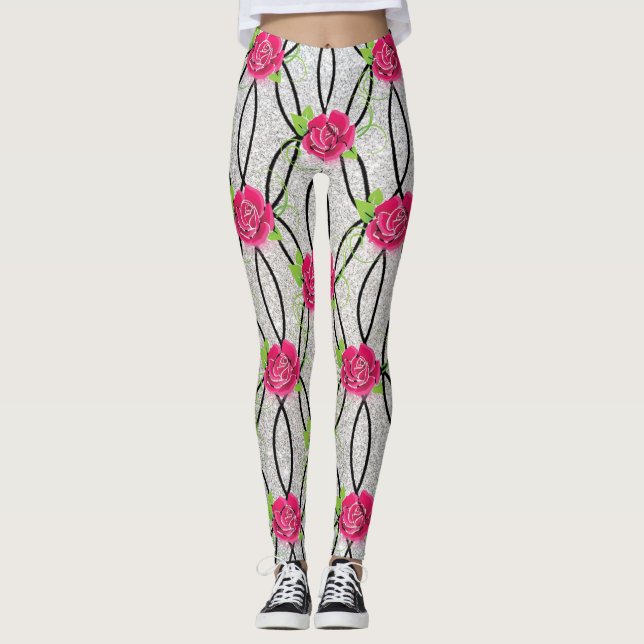 Zig Zag Mönster, blomma Leggings (Framsida)