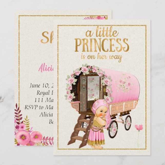 Zigensk baby showerinbjudan med den zigenska inbjudningar (Fram/baksida)