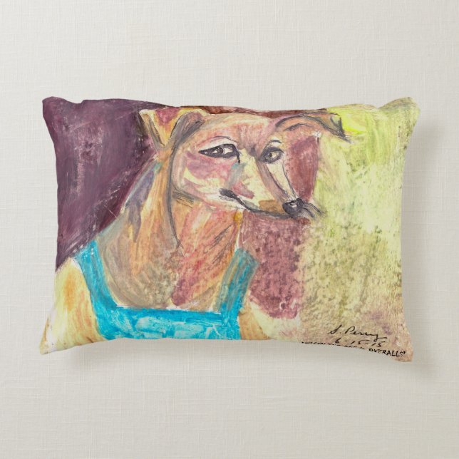 "Ziggy the Hund in Overalls" Watercolor Prydnadskudde (Baksidan)