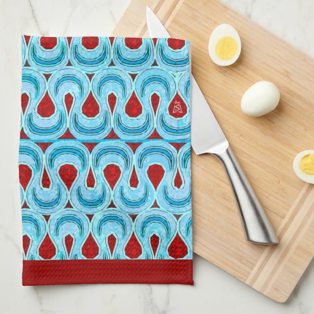 Zigzag Blue och Red Ribbon Candy - Red Gräns Kökshandduk (Vikt i Fjärdedel)