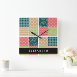 Zigzag, Chevron, Gingham, Polka dots, ditt namn Fyrkantig Klocka
