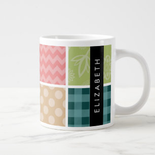 Zigzag, Chevron, Gingham, Polka dots, ditt namn Jumbo Mugg