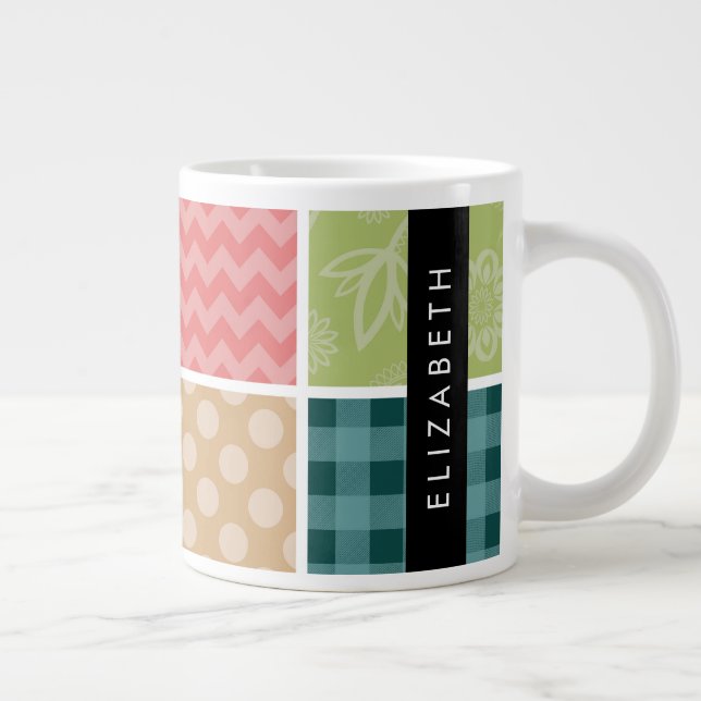 Zigzag, Chevron, Gingham, Polka dots, ditt namn Jumbo Mugg (Höger)