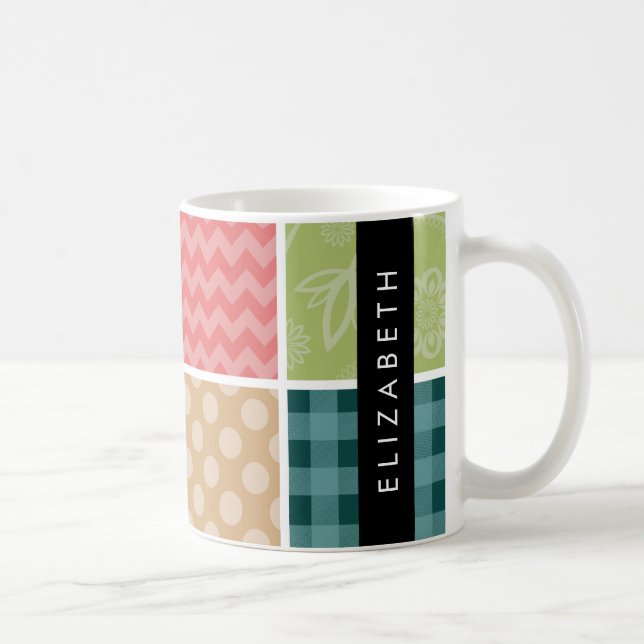 Zigzag, Chevron, Gingham, Polka dots, ditt namn Kaffemugg (Höger)