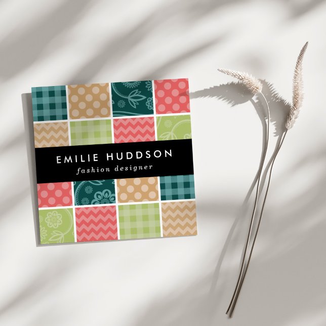 Zigzag, Chevron, Gingham, Polka dots, Patchwork Fyrkantigt Visitkort (Skapare uppladdad)
