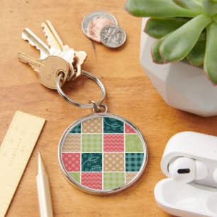 Zigzag, Chevron, Gingham, Polka dots, Patchwork Rund Silverfärgad Nyckelring