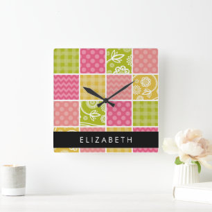 Zigzag, Chevron, Polka dots, Gingham, ditt namn Fyrkantig Klocka