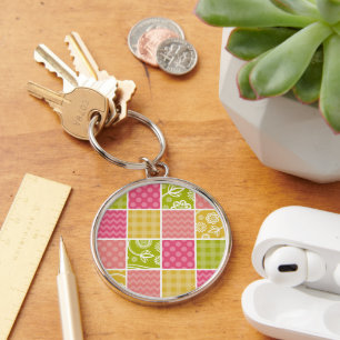 Zigzag, Chevron, Polka dots, Gingham, Patchwork Rund Silverfärgad Nyckelring