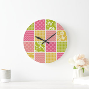 Zigzag, Chevron, Polka dots, Gingham, Patchwork Stor Klocka