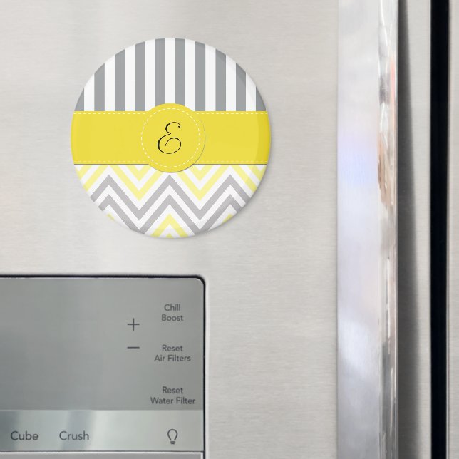 Zigzag, Chevron, Rand, Gult, Grått, Monogram Magnet (In Situ (Fridge))