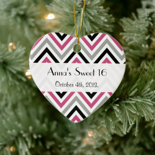 Zigzag Mönster, Chevron Mönster, Rosa, Sweet 16 Julgransprydnad Keramik