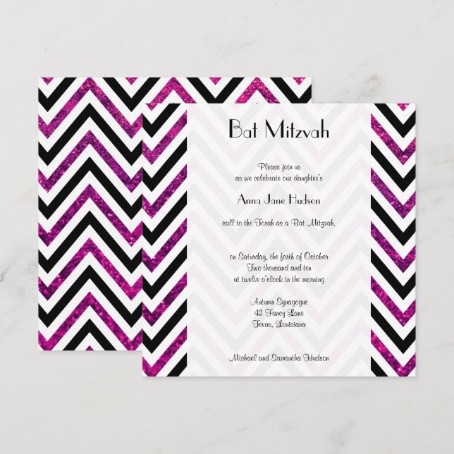 Zigzag Mönster, Chevron, Rosa Glitter, Bat mitzvah Inbjudningar (Fram/baksida)