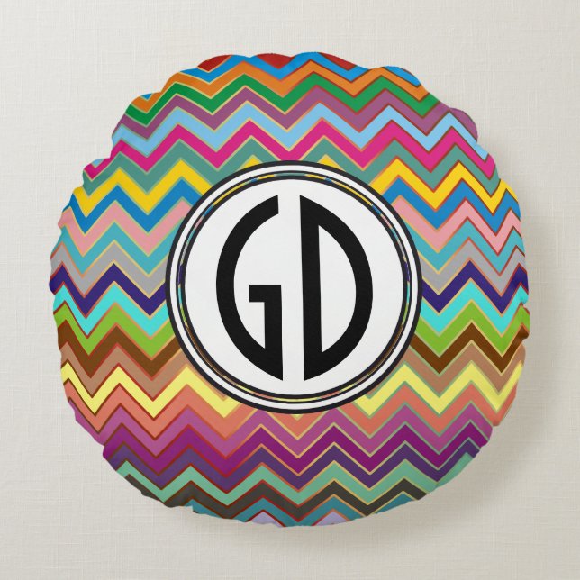 ZIGZAG mönster - färgad + ditt monogram Rund Kudde (Framsidan)