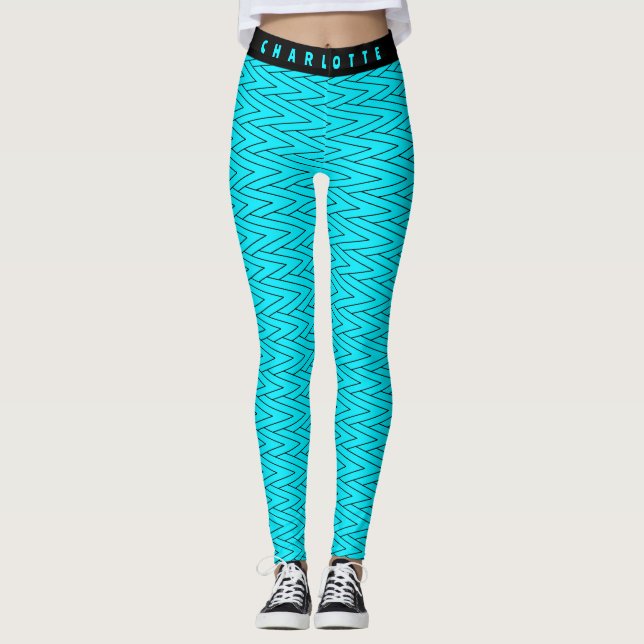 Zigzag Neon Turkvoise Geometric Sports & Yoga Namn Leggings (Framsida)
