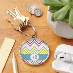 Zigzag, Regnbåge Zigzag, Chevron, Monogram Rund Silverfärgad Nyckelring