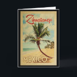Zihuatanejo Handflatan Träd Vintage resor Kort<br><div class="desc">En unik och modern tidskrift från tidningen Zihuatanejo Mexico i mitten av århundradet i vintage resor poster stil. Den har en böjd handflatan träd på sandstranden med hav under ett blått grumligt himlar.</div>