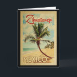Zihuatanejo Handflatan Träd Vintage resor Kort<br><div class="desc">En unik och modern tidskrift från tidningen Zihuatanejo Mexico i mitten av århundradet i vintage resor poster stil. Den har en böjd handflatan träd på sandstranden med hav under ett blått grumligt himlar.</div>
