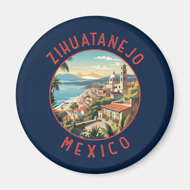 Zihuatanejo Mexiko Retro Distressed Circle Magnet (Framsidan)