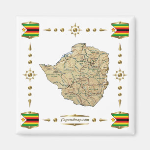 Zimbabwe Karta + Flaggor Magnet