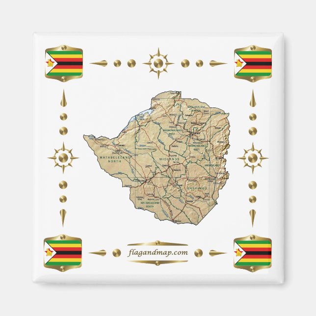 Zimbabwe Karta + Flaggor Magnet (Framsidan)