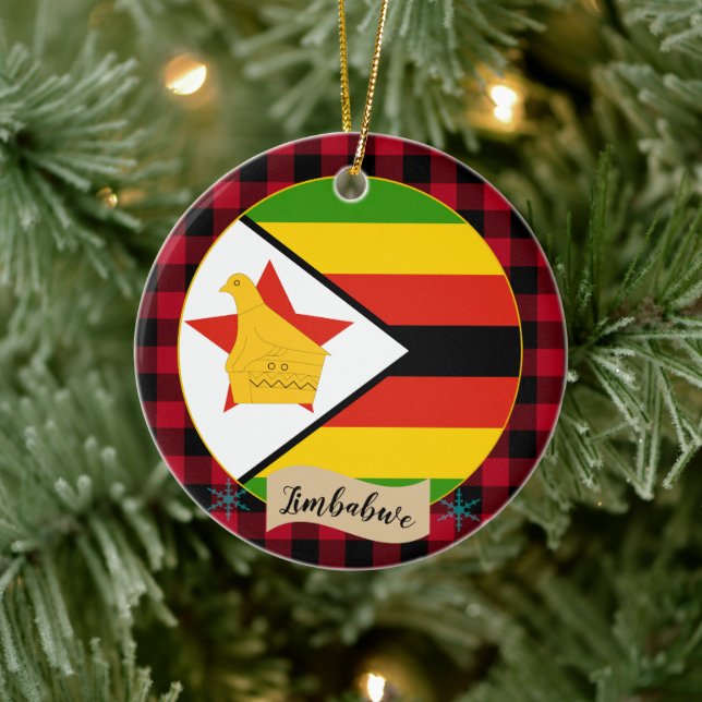 Zimbabwe, Red buffalo plaid & Zimbabwe Flagga Julgransprydnad Keramik (Träd)