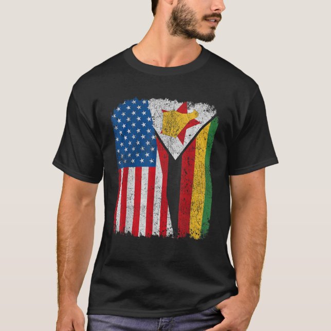 Zimbabwes amerikanska Flagga Halva USA Zimbabwe Ro T Shirt (Framsida)