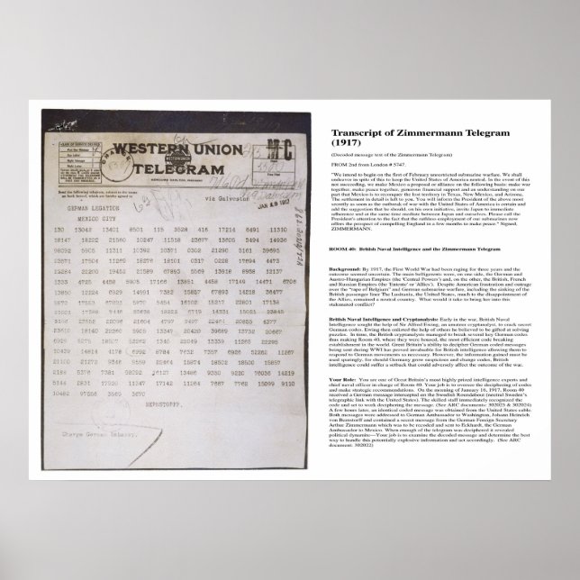 Zimmermann Telegram Telegraph med Transcript Poster (Framsidan)