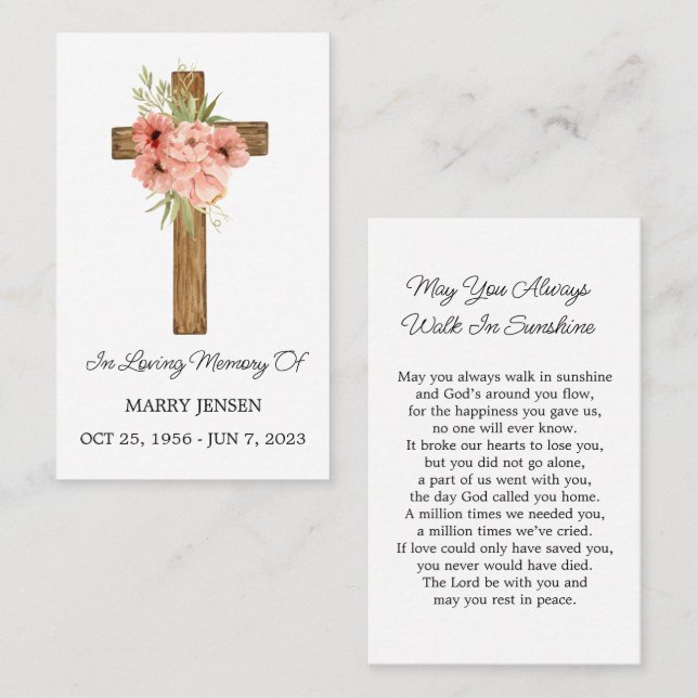 Zinnia Cross Memorial Funeral Prayer Card Visitkort (Fram/baksida)