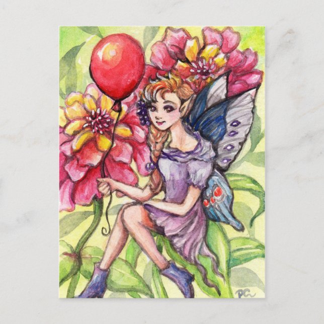 Zinnia Fairy with Red Balloon Vykort (Framsida)
