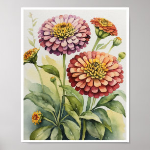 Zinnia Flowers Handmade Vatten Färg Wall Poster