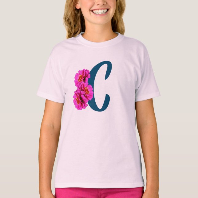 Zinnia Flowers Monogram Initial C T Shirt (Framsida)