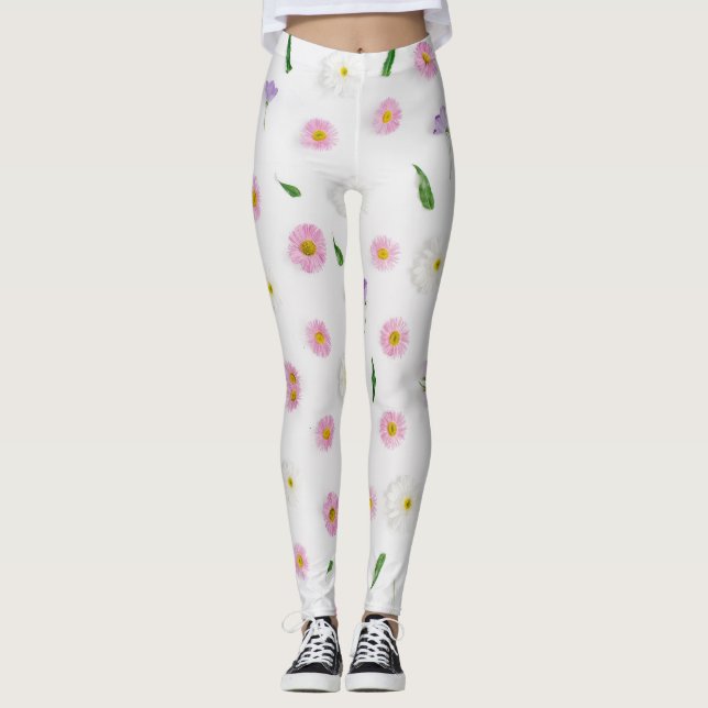 Zinnia och tropisk blomma på vit bakgrund leggings (Framsida)