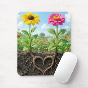 Zinnia- och tusenskönsblommor med hjärtformade röt musmatta