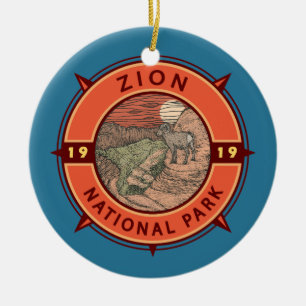 Zion National Park Bighorn Sheep Retro Compass Julgransprydnad Keramik