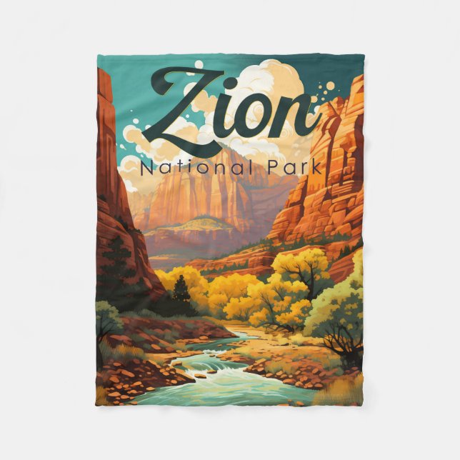 Zion National Park Illustration Retro Fleecefilt (Framsidan)