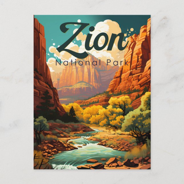 Zion National Park Illustration Retro Vykort (Framsida)