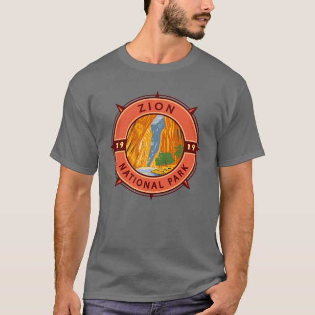 Zion National Park Retro Compass Emblem T Shirt (Framsida)