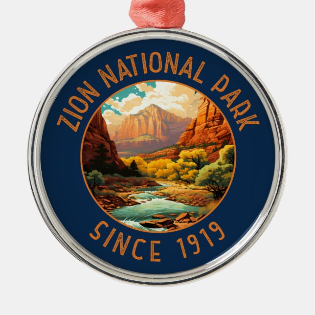 Zion National Park Retro Distress Circle Julgransprydnad Metall (Framsidan)