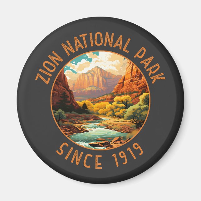 Zion National Park Retro Distress Circle Magnet (Framsidan)
