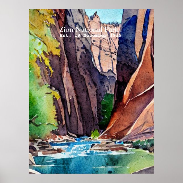 Zion nationalpark Utah Narrows by vatten färg Poster (Framsidan)
