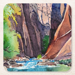 Zion nationalpark Utah Narrows by vatten färg Underlägg Papper Kvadrat