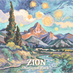Zion Vibrant Landskap Retro Flod Solnedgång Van Go Klistermärken