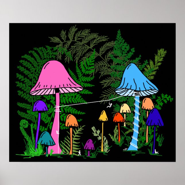 Ziplineåkning bland färgglada svampar poster (Framsidan)